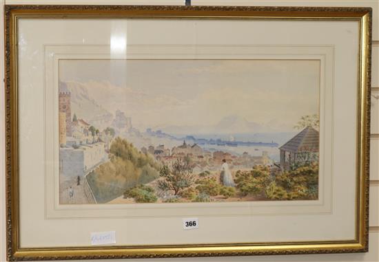 Late 19th century English School, watercolour, Woman overlooking a meditteranean harbour 30 x 55cm